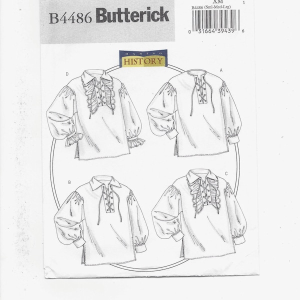 UNCUT Butterick 4486 Historical Shirt V Front Lacing Ruffles Gathered Sleeves, Unisex Sizes S M L Chest 34 - 44 FF Sewing Pattern dated 2005