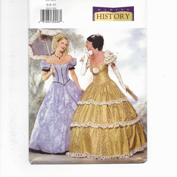 UNCUT Butterick 412 6195 History Civil War Belle Ballgown Costume Reenactments, Sizes 6 8 10 Bust 30.2 31.5 32.5 FF 1990s Sewing Pattern
