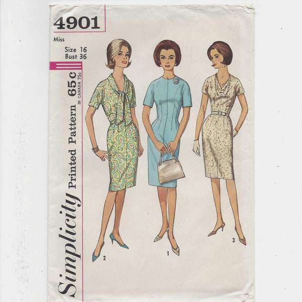 UNCUT 1960s Simplicity 4901 Sheath Dress Three Necklines Kimono Sleeves, Bust 36 Size 16 FF Vintage Sewing Pattern