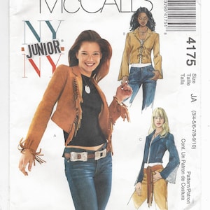 May include: A sewing pattern for a jacket with fringe details. The pattern is for sizes 3/4 to 9/10 and is from McCall's NY Junior line. The pattern number is 4175.