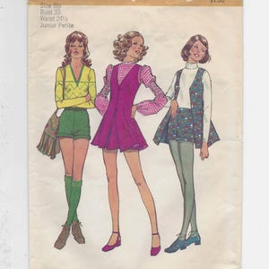 May include: Simplicity sewing pattern number 9680 for junior petite sizes. The pattern includes three different outfits: a pink dress with a vest, a green and yellow sweater with green shorts, and a white shirt with a floral print vest and shorts. The pattern is priced at $1.00.