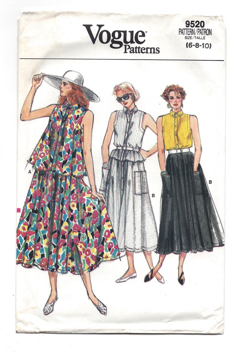 Multi Size 6-8-10 UNCUT FF Pattern 1980s Vogue 9520 Loose Fitting Flared Top Sleeveless and Flared Mid Calf Skirt