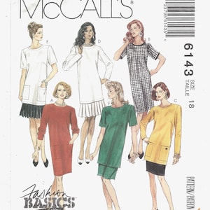 May include: McCall's Fashion Basics sewing pattern featuring six dress designs. The pattern includes a size 18. The dresses are in various colors, including white, red, green, and yellow. The pattern also includes the text "PETITE-ABLE".