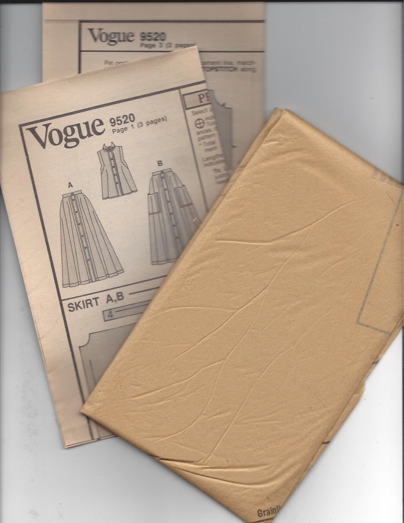 Multi Size 6-8-10 UNCUT FF Pattern 1980s Vogue 9520 Loose Fitting Flared Top Sleeveless and Flared Mid Calf Skirt