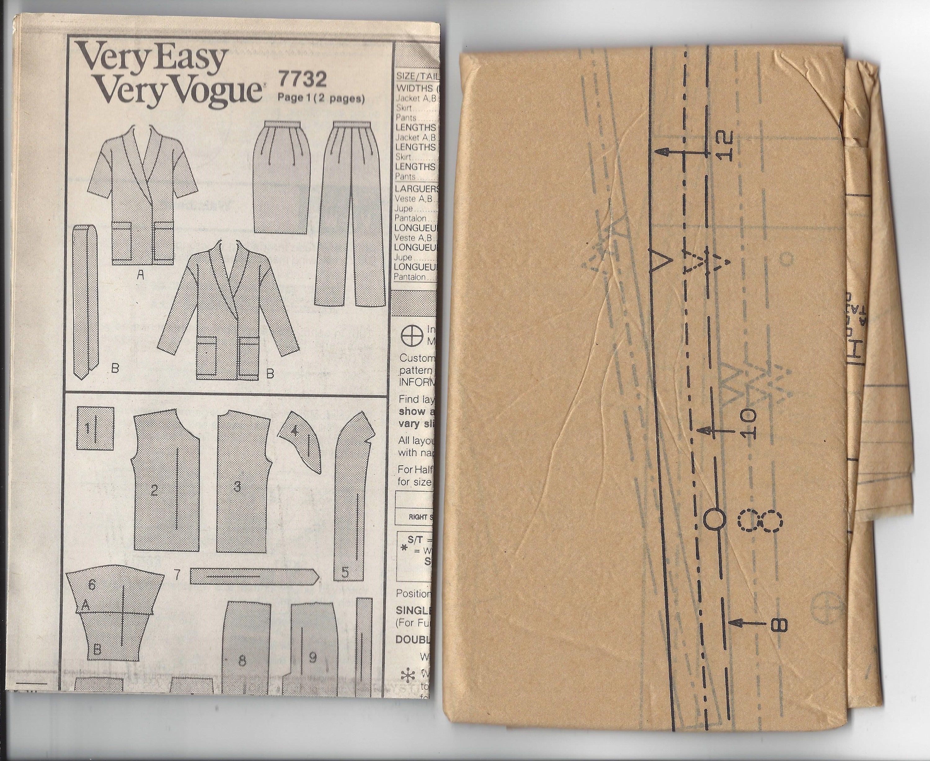UNCUT 1990 Vogue 7732 Wrap Jacket Straight Skirt Pants Belt, Bust