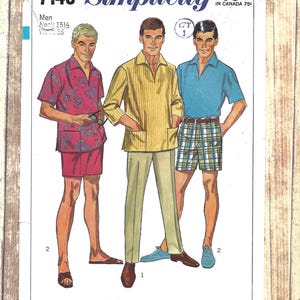 May include: Vintage Simplicity sewing pattern 7145 featuring illustrations of men's summer outfits. The pattern includes a red floral shirt and shorts set, a yellow striped shirt with khaki pants, and a blue polo shirt with plaid shorts.