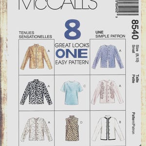 May include: McCall's sewing pattern 8540 for size small (8, 10) featuring 8 great looks from one easy pattern. The envelope displays illustrations of various jackets and tops, including leopard print, solid, and textured designs, labeled with letters A, B, C, and D.