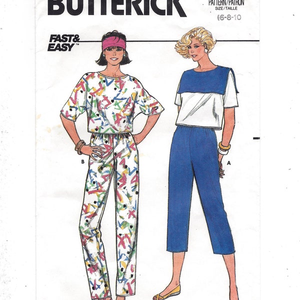 1980s Butterick 3125 Loose Fit Pullover Top and Elastic Waist Pants, Bust 30.5 Size 6 Cut & Complete for Size 6 Sewing Pattern