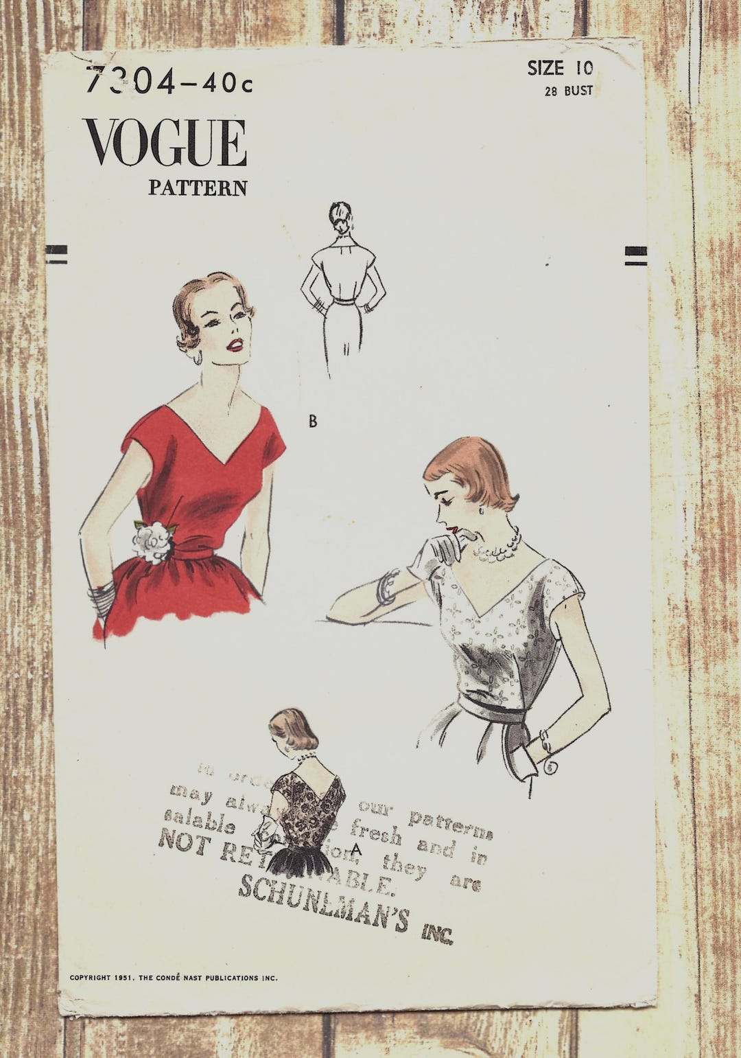 1950s Vogue 7304 Blouse Deep V-neckline, Bust 28 Size 10 Unprinted ...
