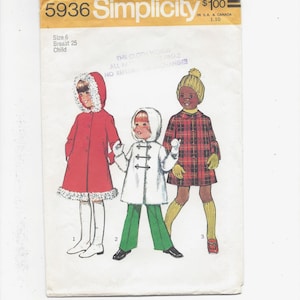 May include: Simplicity sewing pattern number 5936 for a child's coat. The pattern includes three different styles: a red coat with white trim, a white coat with green pants, and a plaid coat with yellow socks. The pattern is priced at $1.00.