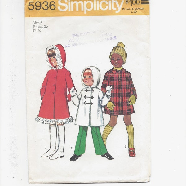 UNCUT 1970s Simplicity 5936 Childs Lined Coats 2 Lengths Hood & Button or Frog Close Options, Breast 25 Size 6 FF Vintage Sewing Pattern