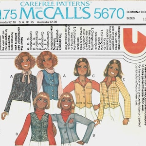 May include: A vintage McCall's 5670 sewing pattern envelope for a set of unlined jackets or vests. The cover features illustrations of six figures wearing various jacket and vest styles in colors including blue, yellow, and red, with text.