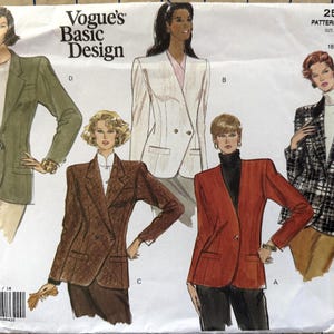 May include: Vogue's Basic Design sewing pattern 2554 featuring blazer designs. The pattern includes multiple blazer styles in various colors and patterns, including a green, white, brown, and red blazer. The pattern size is 18-20-22.