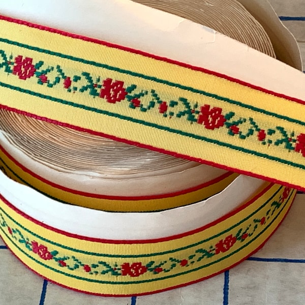 Vintage 1" Wide Ribbon 9 Yds 7" Roll Trim Yellow Red Green Chromspun Acetate Colonial Quality, Continuous Roll on Original Cardboard