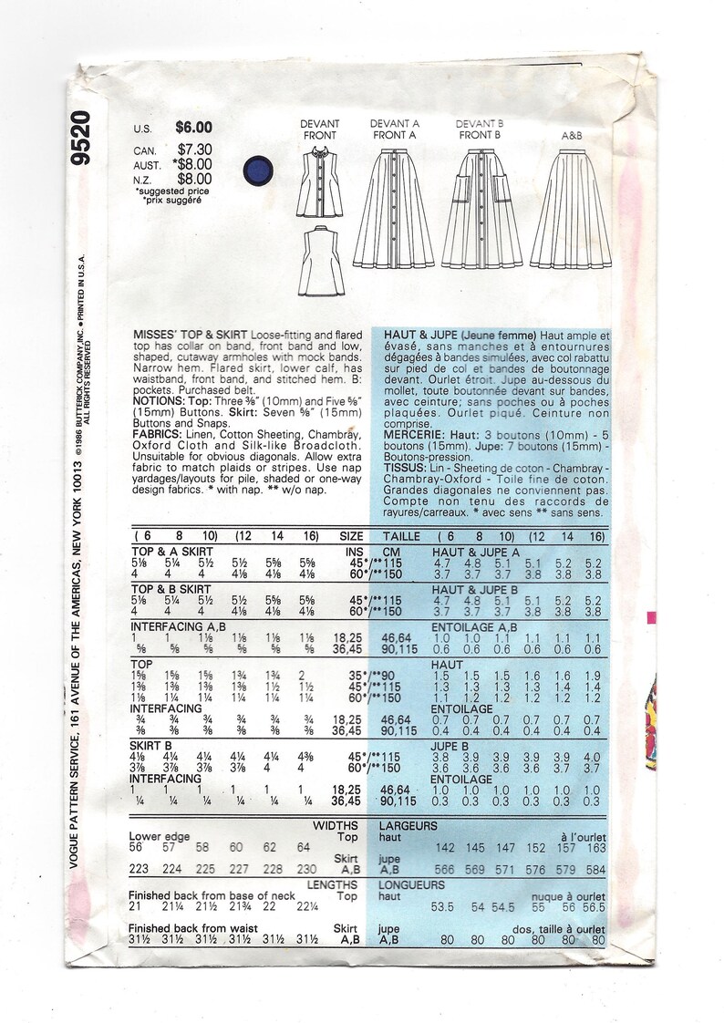 Multi Size 6-8-10 UNCUT FF Pattern 1980s Vogue 9520 Loose Fitting Flared Top Sleeveless and Flared Mid Calf Skirt