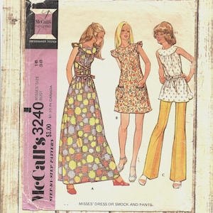 1970s McCall's 3240 Dress or Smock and Pants, Bust 38 Size 16 Cut MISSING Pocket Piece, Vintage Sewing Pattern