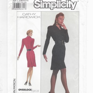 May include: Simplicity sewing pattern number 8836 for a dress, size H (6, 8, 10) or EUR size H (34, 36, 38). The pattern includes instructions for sewing on an overlock/serger or conventional machine. The pattern features a black dress with a belt and a red dress with a white collar.