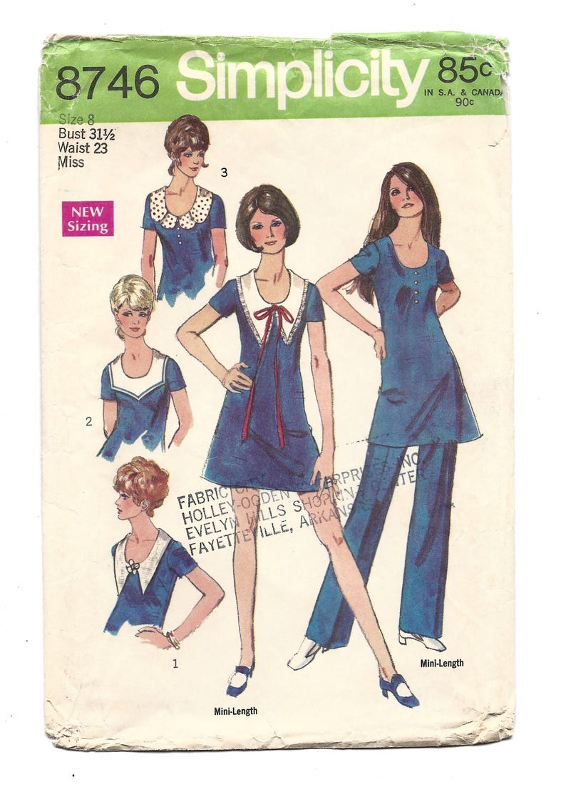 Pattern 8746 1970 Simplicity 8746 Mini Dress Detachable Collars and Pants, Bust 31-1 ...