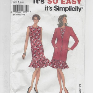 May include: A sewing pattern for a dress and jacket. The pattern is for sizes 6-16 and is from Simplicity. The pattern shows two women wearing the dress and jacket. The dress is a floral print and the jacket is red.