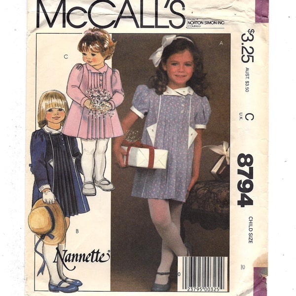 UNCUT 1980s McCall's 8794 Children's Dress with Transfer Front Pleats Collar & Sleeve Options, Breast 21 Size 2 FF Vintage Nannette Pattern