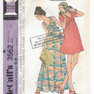 1970s McCall&#39;s 3562 Pullover Dress V-Neck High Waist Sleeveless or Puffed Sleeves 2 Lengths, Bust 36 Size 14 Cut Complete Vtg Sewing Pattern