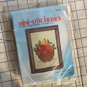 Bucilla Fruit Basket Mini-Stitcheries Kit 2014, Crewel Embroidery 7&quot; x 9&quot; Picture, Unopened Sealed Package 1970s