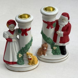 Vintage Mr. & Mrs. Santa Candle Stick Pair Porcelain Bisque, Collectible Holiday from JSNY Made in Taiwan
