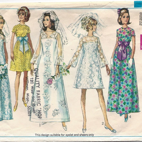 1960s Simplicity 7639 Wedding or Bridesmaids' Dress and Slip 2 Lengths, Bust 32 Size 7JP Cut Complete Vintage Sewing Pattern
