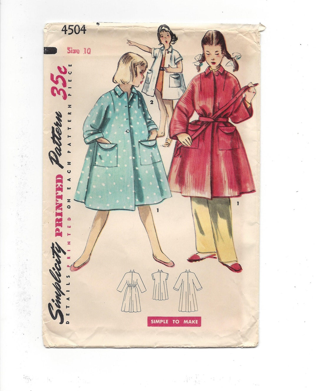 Duster Robe Pattern Free UNCUT 1950s Simplicity 4504 Girls' Duster Robe Kimono Sleeves, Breast ...