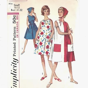 May include: Vintage Simplicity sewing pattern 5300 featuring three sleeveless dresses. The dresses are in blue, white with red floral print, and red and white color block designs. The pattern includes sizes 10-12 and bust sizes 31-32 inches.