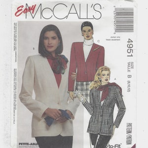 May include: McCall's sewing pattern envelope featuring illustrations of women's jackets. The jackets include a white blazer, a red blazer, and a black and white plaid jacket. The envelope includes the text "Easy McCall's" and "Petite-Able".