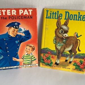 1960s Peter Pat and the Policeman 8042 and Little Donkey 8111, Rand McNally Junior Elf Books, Set of 2 Vintage Children&#39;s Books
