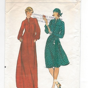 May include: Vogue Patterns sewing pattern number 9081, size 12, featuring two women's dresses. The dress on the left is a long, red maxi dress with long sleeves. The dress on the right is a shorter, green dress with white polka dots and long sleeves. The pattern is priced at $2.00.