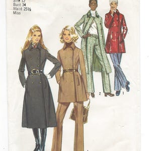 May include: Vintage Simplicity sewing pattern 9612 featuring women's coats and pantsuits. The pattern includes a size 12 with a 34-inch bust and a 25.5-inch waist. The image shows illustrations of the finished garments in various colors and styles.