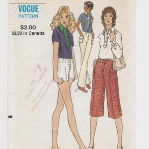 May include: A vintage sewing pattern for a women's clothing design. The pattern is for a pair of shorts and a blouse. The pattern is from Vogue and is size 12, bust 34, hip 36. The pattern is $2.00 and $2.20 in Canada.