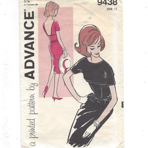 1960 Advance 9438 Junior Slim Dress with High Front and Deep Square Back Necklines, Bust 31.5 Size 11 Cut Complete HTF Vintage Pattern