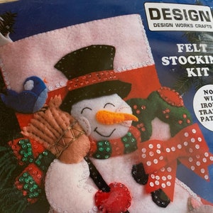Christmas Felt Stocking Kit Design Works 5029 Snowman with Squirrel Raccoon and Bird, 16&quot; Long Stocking, Unopened Sealed Package
