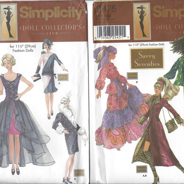 Choose UNCUT Simplicity 9664 Roaring 20s OR 9975 Savvy Seventies 11-1/2" Doll Such as Barbie Clothes, FF Theresa Laquey Sewing Patterns 2001