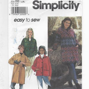 May include: Simplicity sewing pattern number 8299 for sizes L and XL. The pattern includes instructions for making four different jackets: a brown jacket with a collar, a red jacket with a pocket, a plaid jacket with a collar, and a patterned jacket with a collar. The pattern is easy to sew and includes instructions in English, French, and Spanish.
