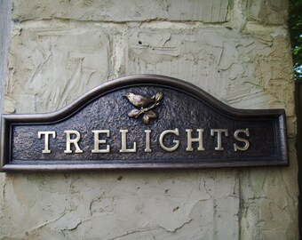 Plaque for name of house, house sign, Long Classic in cold cast bronze. Add up to 12  letters & choice of motifs. House Name Plaque.