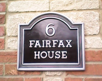 Vintage style Large Classic house name plate. Cold cast Pewter & Black. Have up to 16 letters and motif of your choice.