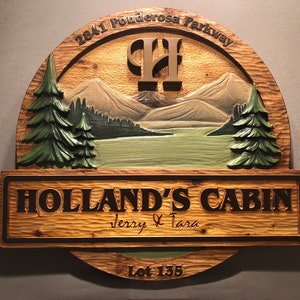 CUSTOM CARVED CABIN signs, wood signs, handmade signs, rustic signs, custom signs, house signs, home signs, cottage signs image 1