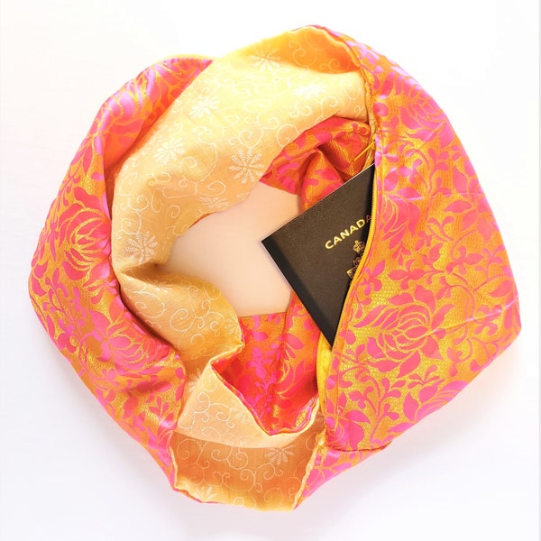 Travel Infinity Scarf | Cowl With Zippered Passport Pocket | Pink Flowers, Gold Sheen, White Embroidered Swirls