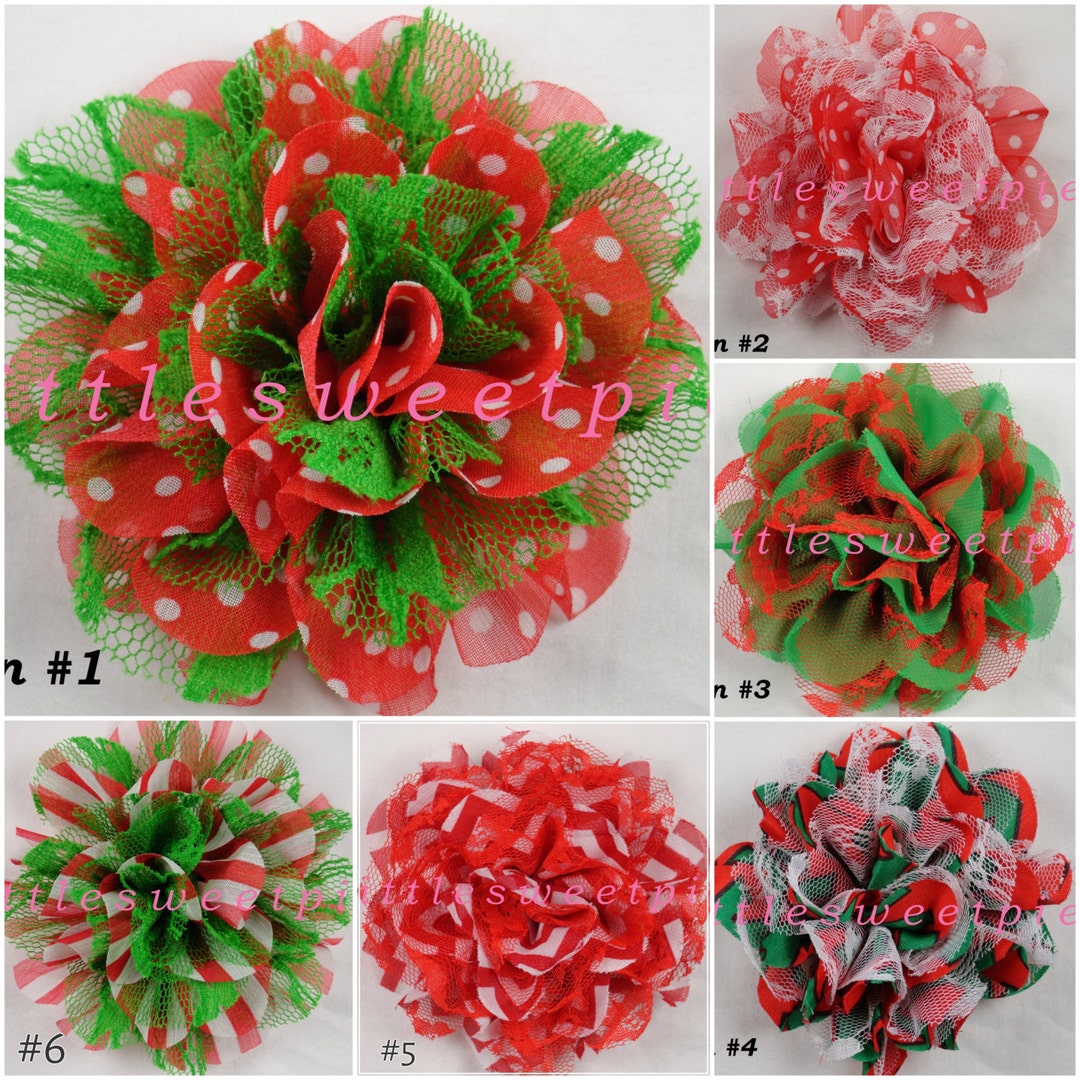 3.75 Inch Christmas Large Lace Mesh Flowers Red and White Chevron Fabric Flowers, Shabby Chic