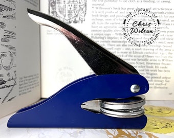 Library book embossing stamp, custom logo embosser samp, ex libris embossing seal, personalised monogram embosser, bookworm gifts, Blue