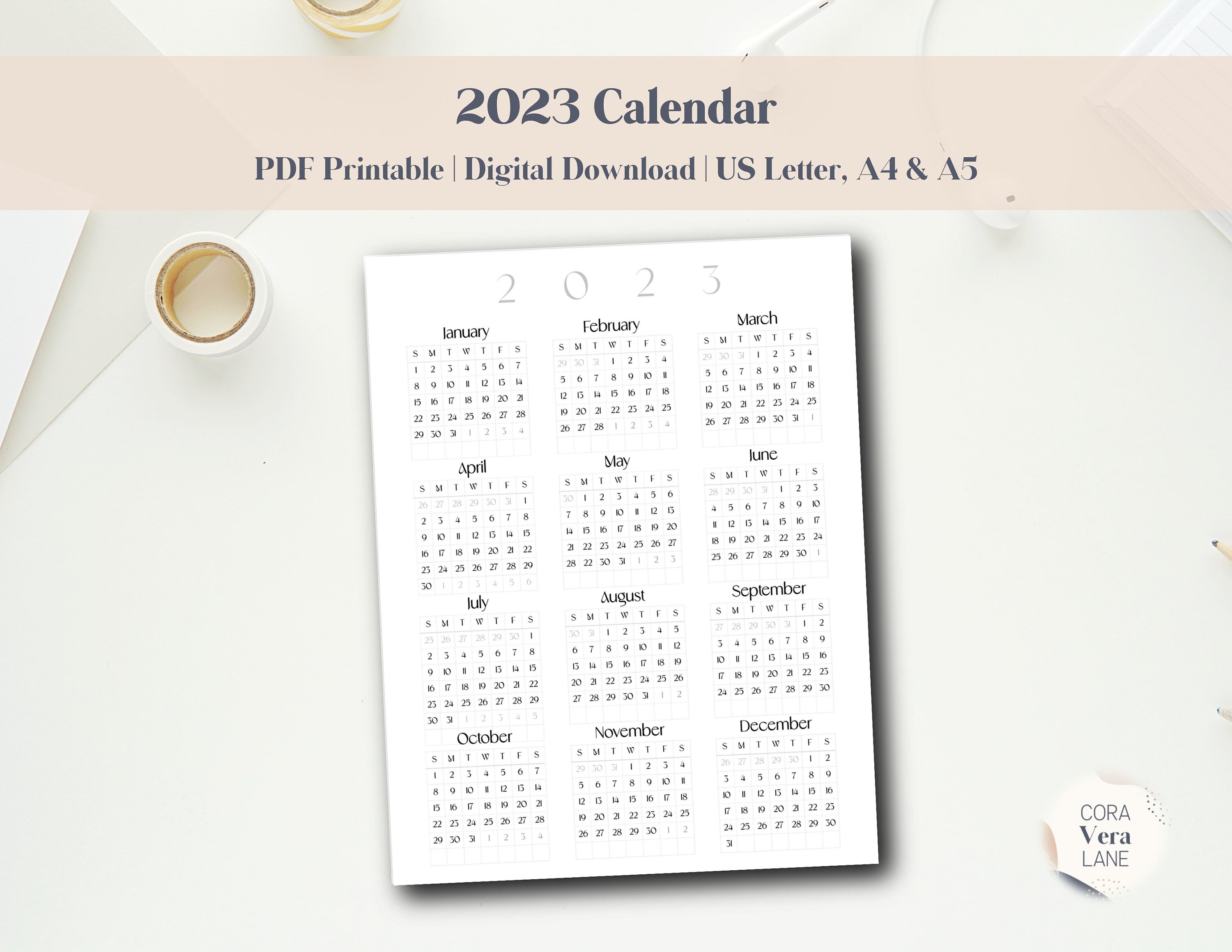 Printable Calendar 2023, Minimal Calendar PDF, 2023 Desk Calendar