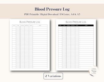 Blood Pressure Log Printable, Monthly Blood Pressure Tracker, Daily Blood Pressure Log, Heart Rate Tracking - US Letter, A4 & A5
