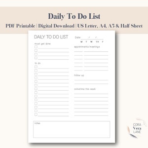 Minimalist Daily To Do List Printable, Instant Download, Productivity Planner, Daily Planner, Daily Schedule, US Letter, A4, A5 & Half Sheet