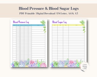 Blood Sugar and Blood Pressure Tracker, Health Log Printable, Blood Sugar Tracker, Diabetes Log, Blood Pressure Log - US Letter, A4 & A5
