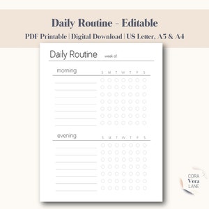 Daily Routine Planner Editable, Morning and Evening Routine, Fillable Daily Routine Checklist, Goal and Habit Tracker, A4, A5 & US Letter